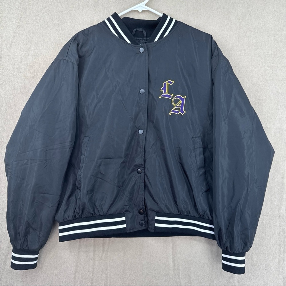 Orange Kiss Essentials Jacket Womens Large Black Los Angeles LA Bomber Varsity